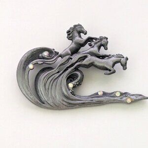 Vintage A.J.C. Horses Riding Waves Pewter Brooch Pin